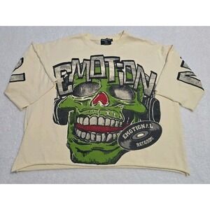 Mixed Emotion Cream Skull Graphic T-Shirt Boxy Raw Hem Streetwear Large